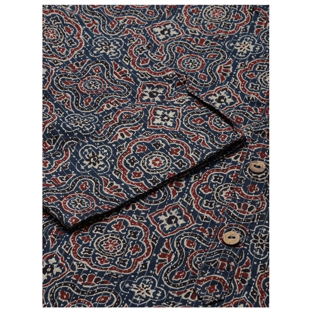 Women's Cotton Printed Straight Kurti (Dark Blue, Cotton) - Image 2