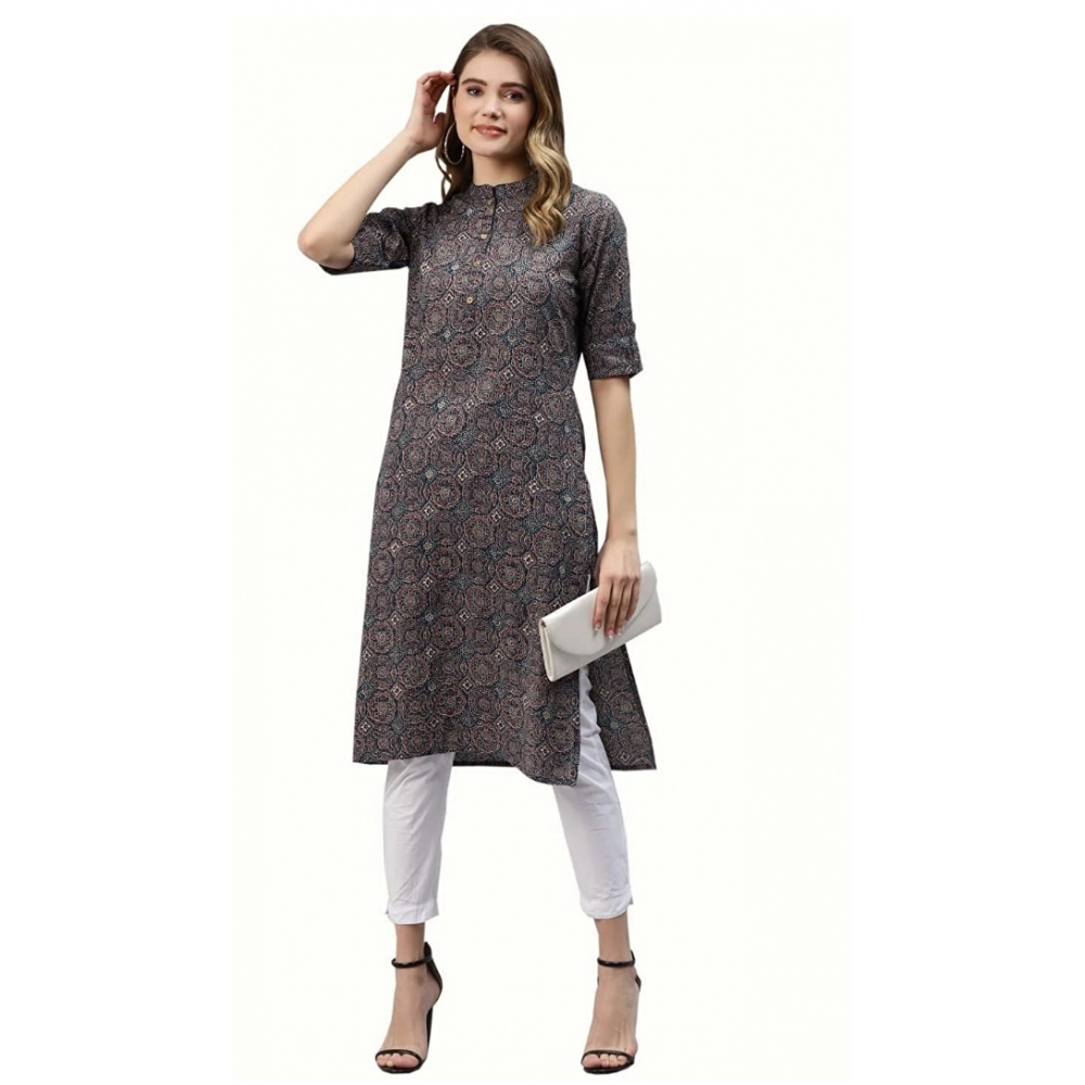 Women's Cotton Printed Straight Kurti (Dark Blue, Cotton) - Image 4