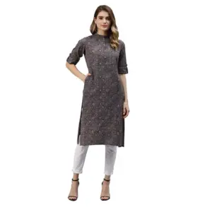 Women's Cotton Printed Straight Kurti (Dark Blue, Cotton)