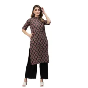 Women's Cotton Printed Straight Kurti (Black, Cotton)