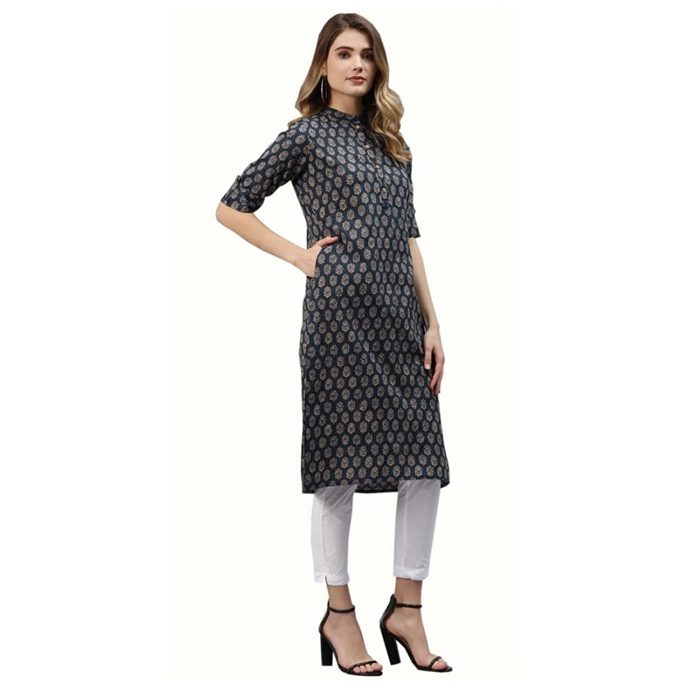 Women's Cotton Printed Straight Fit Kurti (Blue, Cotton) - Image 4