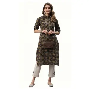 Women's Cotton Printed Straight Fit Kurti (Black, Cotton)