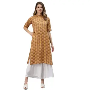 Women's Pure Cotton Printed Straight Kurti (Mustard, Pure Cotton)