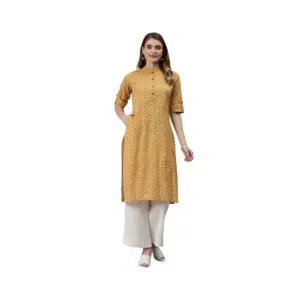 Women's Cotton Printed Straight Kurti (Mustard, Cotton)