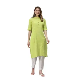 Women's Cotton Printed Straight Kurti (Yellow, Green, Cotton)