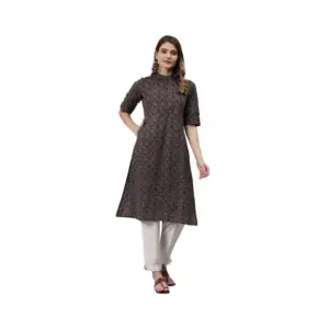 Women's Cotton Printed Straight Kurti (Black, Cotton)