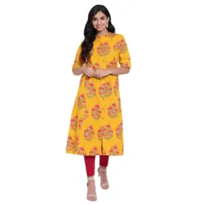 Women's Khadi Printed A Line Kurti (Yellow, Khadi)