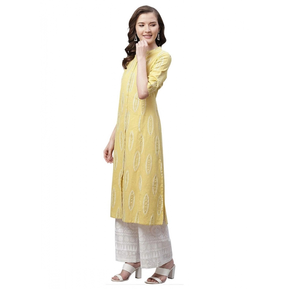 Women's Pure Cotton Printed A Line Kurti (Yellow, Pure Cotton) - Image 4