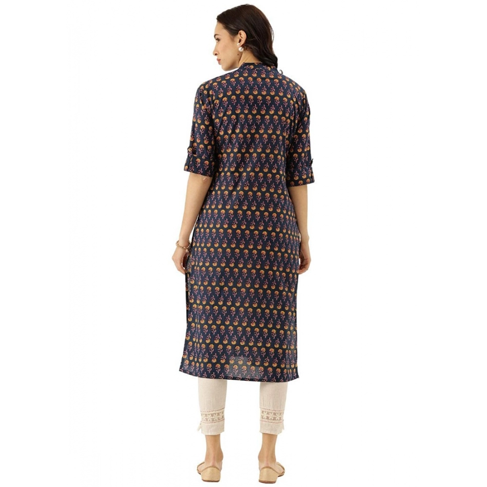 Women's Cotton Printed Solid Kurti (Blue, Cotton) - Image 3