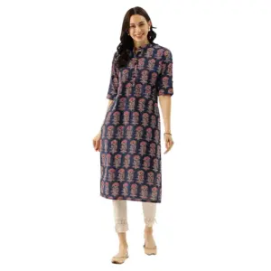 Women's Cotton Printed Straight Kurti (Blue, Cotton)