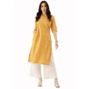 Women's Cotton Printed Straight Kurti (Yellow, Cotton)