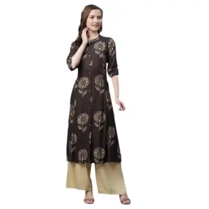 Women's Rayon Printed Foil Print A Line Kurti (Coffee, Rayon)