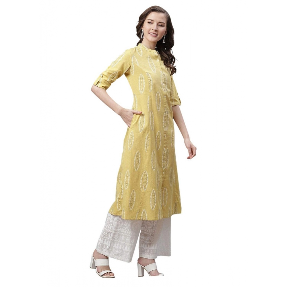 Women's Pure Cotton Printed A Line Kurti (Yellow, Pure Cotton) - Image 2