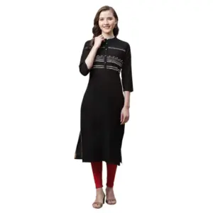 Women's Pure Cotton Printed Straight Kurti (Black, Pure Cotton)