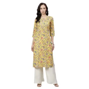 Women's Cotton Printed Straight Kurti (Yellow, Cotton)