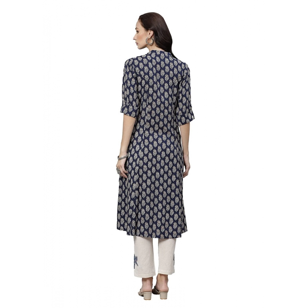 Women's Rayon Printed A Line Kurti (Blue, Rayon) - Image 3