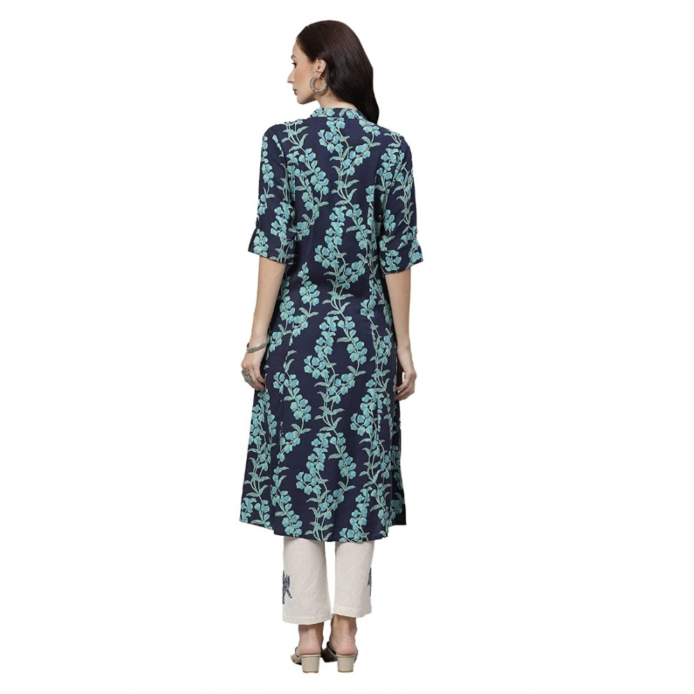 Women's Cotton Printed A Line Kurti (Blue, Cotton) - Image 3