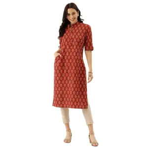 Women's Cotton Printed Straight Kurti (Red, Cotton)