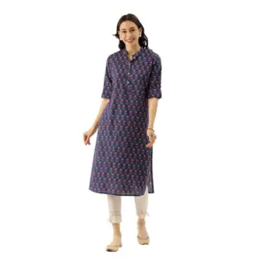 Women's Cotton Printed Straight Kurti (Navy Blue, Cotton)