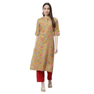 Women's Cotton Printed Straight Kurti (Mustard, Cotton)