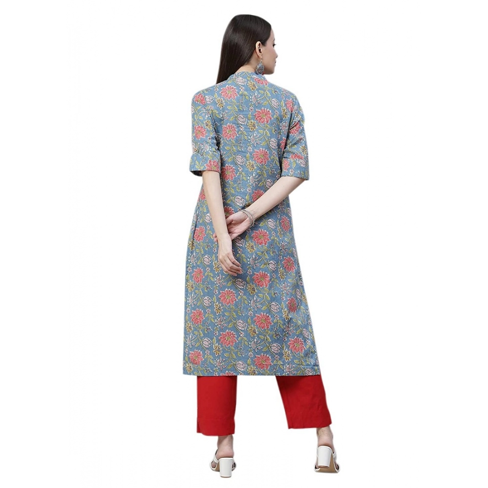 Women's Cotton Printed Straight Kurti (Blue, Cotton) - Image 3