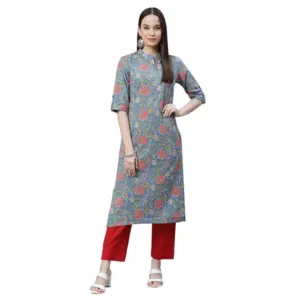 Women's Cotton Printed Straight Kurti (Blue, Cotton)