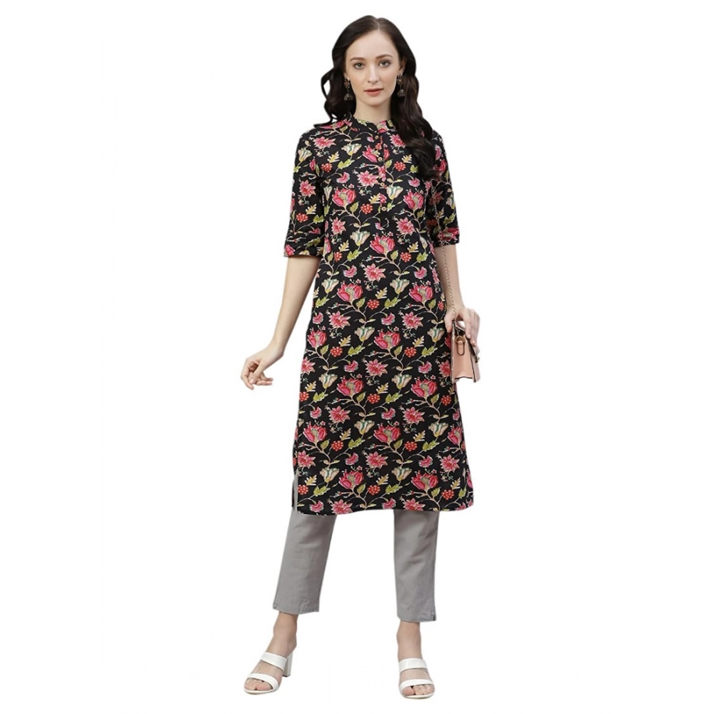 Women's Cotton Printed Straight Kurti (Black, Cotton) - Image 2