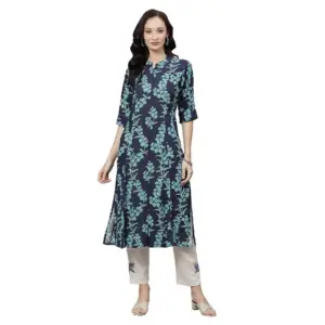 Women's Cotton Printed A Line Kurti (Blue, Cotton)