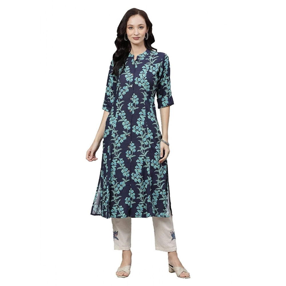 Women's Cotton Printed A Line Kurti (Blue, Cotton)