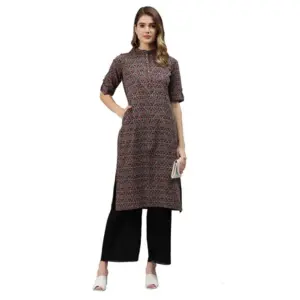 Women's Cotton Printed Straight Fit Kurti (Black, Cotton)