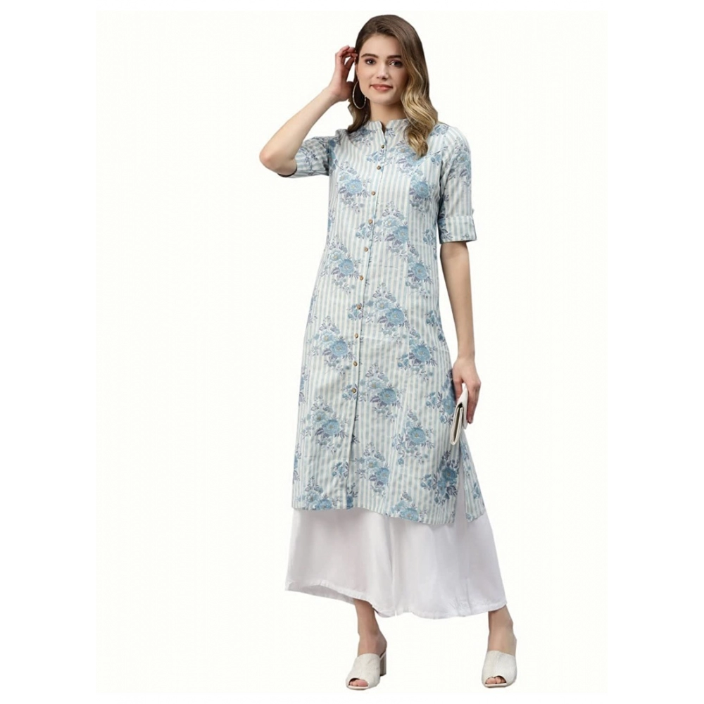 Women's Cotton Printed A Line Kurti (Off White, Cotton)