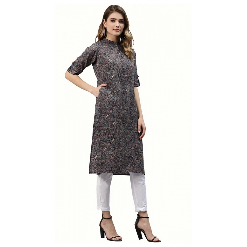 Women's Cotton Printed Straight Kurti (Dark Blue, Cotton) - Image 6