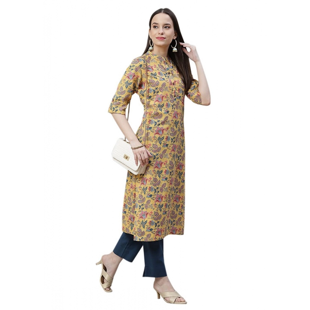 Women's Cotton Printed Straight Kurti (Yellow, Cotton) - Image 2