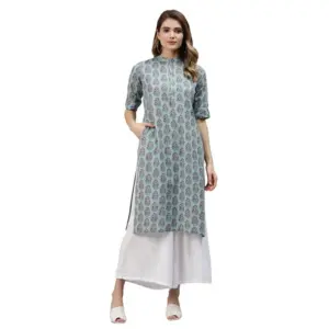 Women's Cotton Printed Straight Kurti (Blue, Cotton)