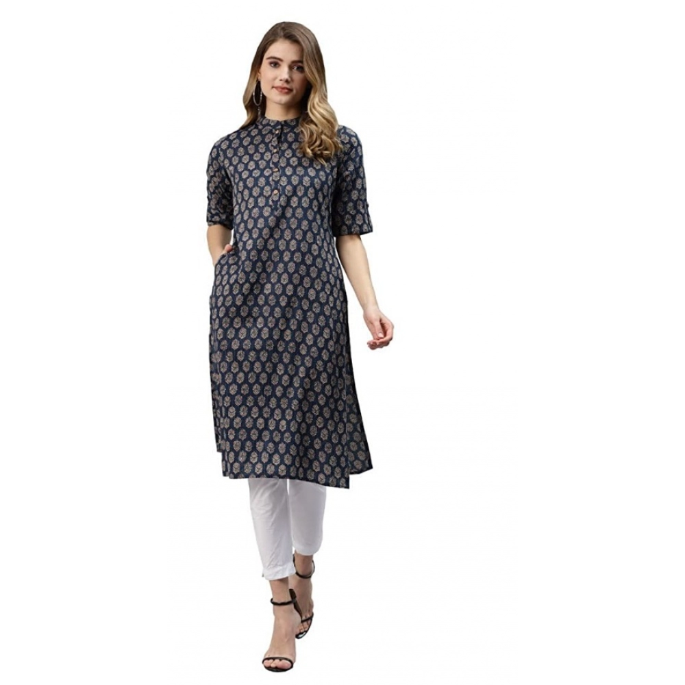 Women's Cotton Printed Straight Fit Kurti (Blue, Cotton)
