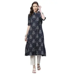 Women's Cotton Printed Flex Kurti (Navy Blue, Cotton)