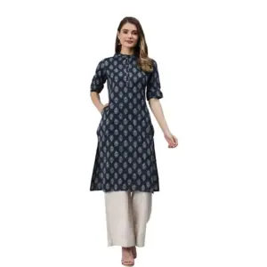 Women's Cotton Printed Straight Fit Kurti (Navy Blue, Cotton)