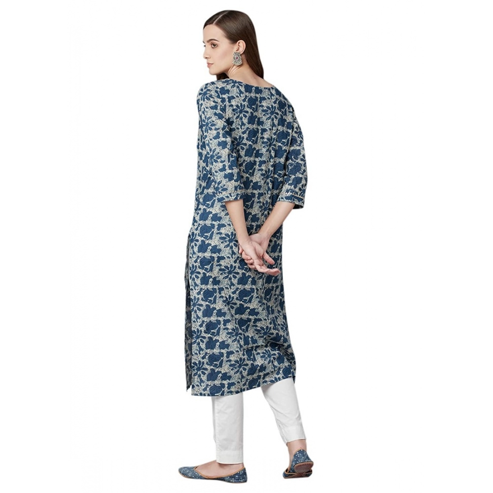 Women's Cotton Printed Straight Kurti (Blue, Cotton) - Image 3