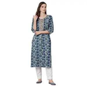 Women's Cotton Printed Straight Kurti (Blue, Cotton)