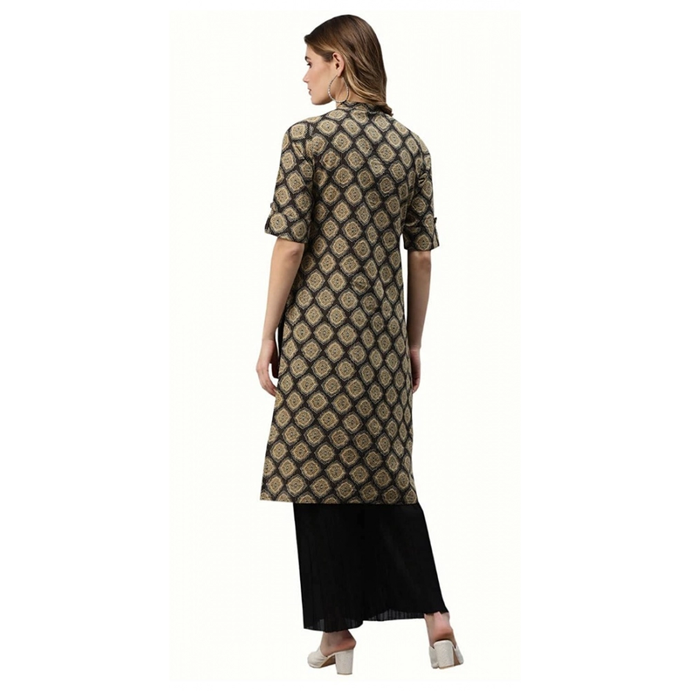 Women's Cotton Printed Straight Fit Kurti (Black, Cotton) - Image 2