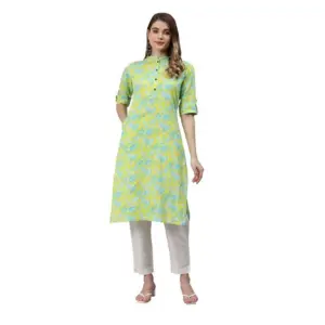Women's Cotton Printed Straight Kurti (Yellow, Green, Cotton)