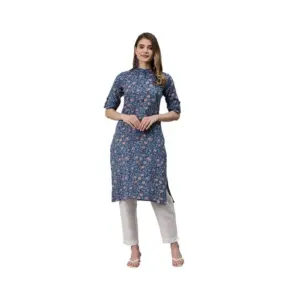 Women's Cotton Printed Straight Kurti (Blue, Cotton)