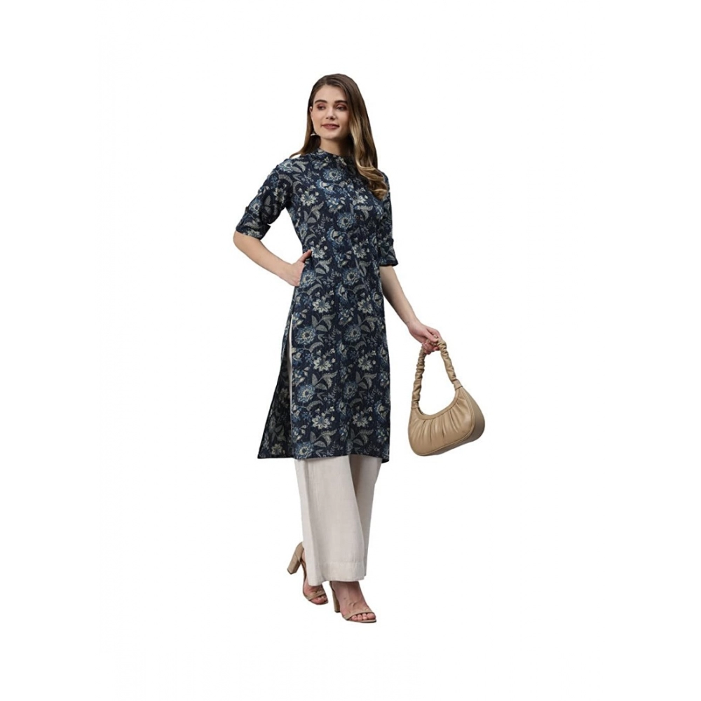 Women's Cotton Printed Straight Kurti (Navy Blue, Cotton) - Image 2