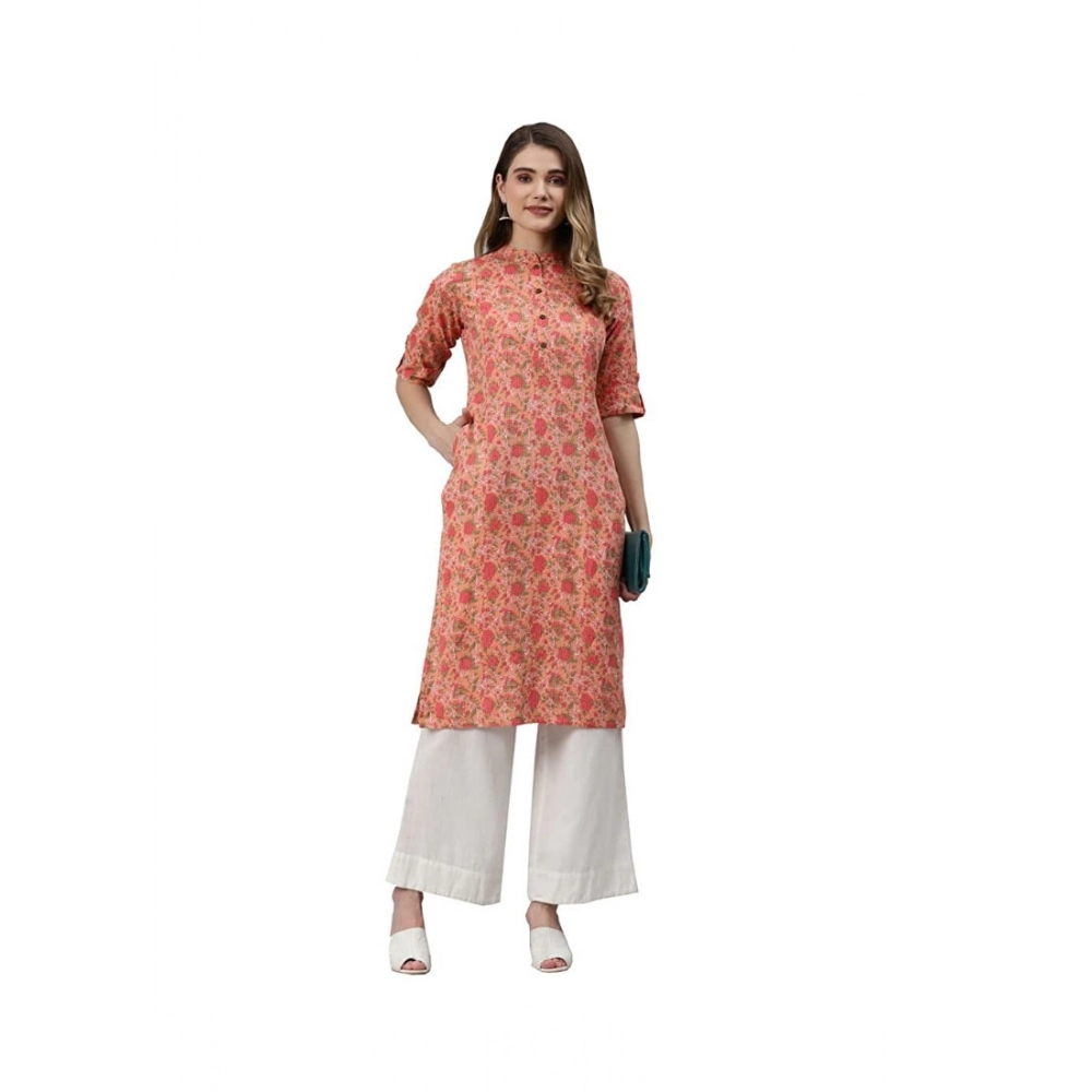Women's Pure Cotton Printed Straight Kurti (Peach, Pure Cotton) - Image 3