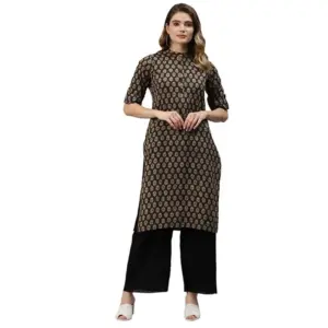 Women's Cotton Printed Straight Kurti (Black, Cotton)