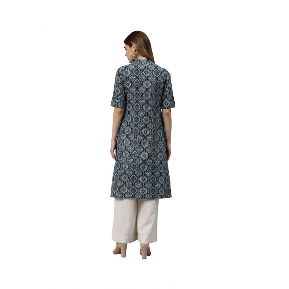 Women's Cotton Printed Straight Kurti (Navy Blue, Cotton) - Image 2