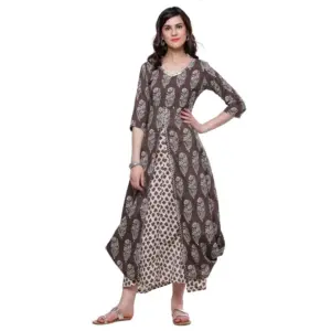 Women's Cotton Printed Long Kurti (Brown, Cotton)