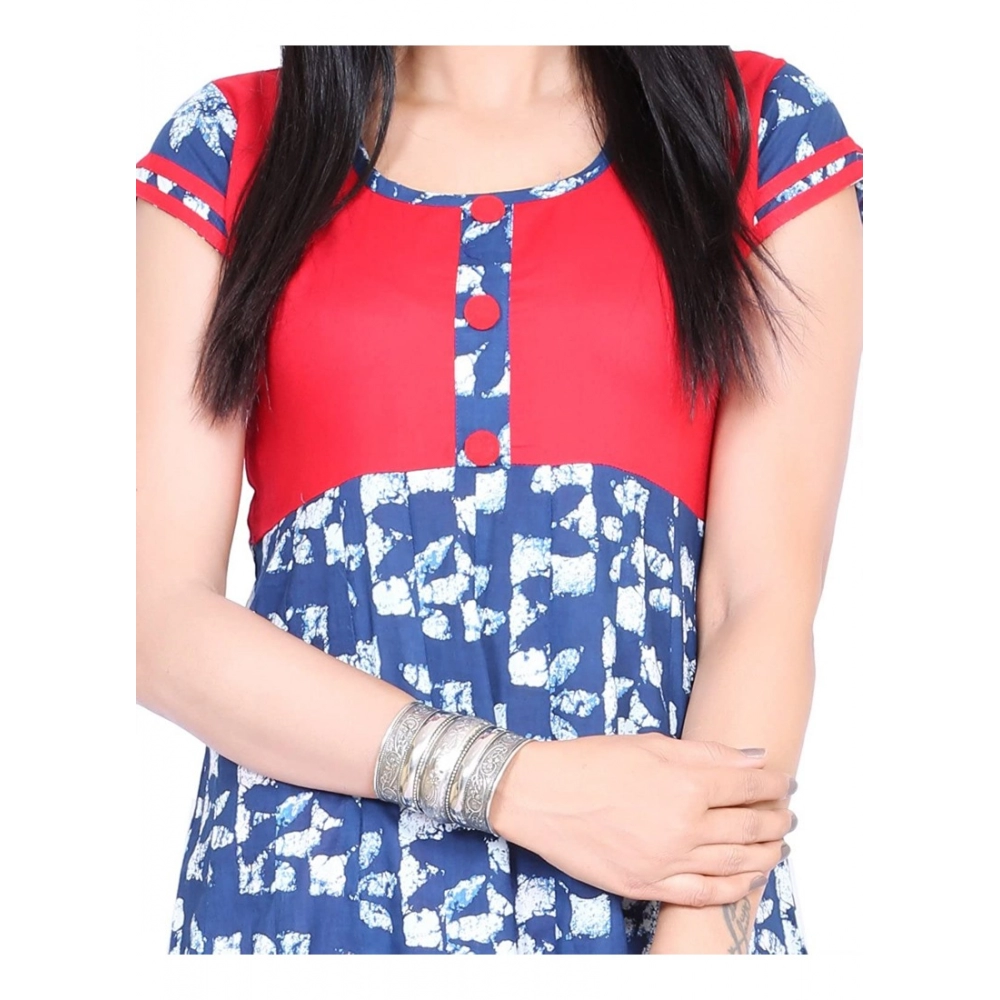 Women's Cotton Printed Long Kurti (Blue, Red, Cotton) - Image 2