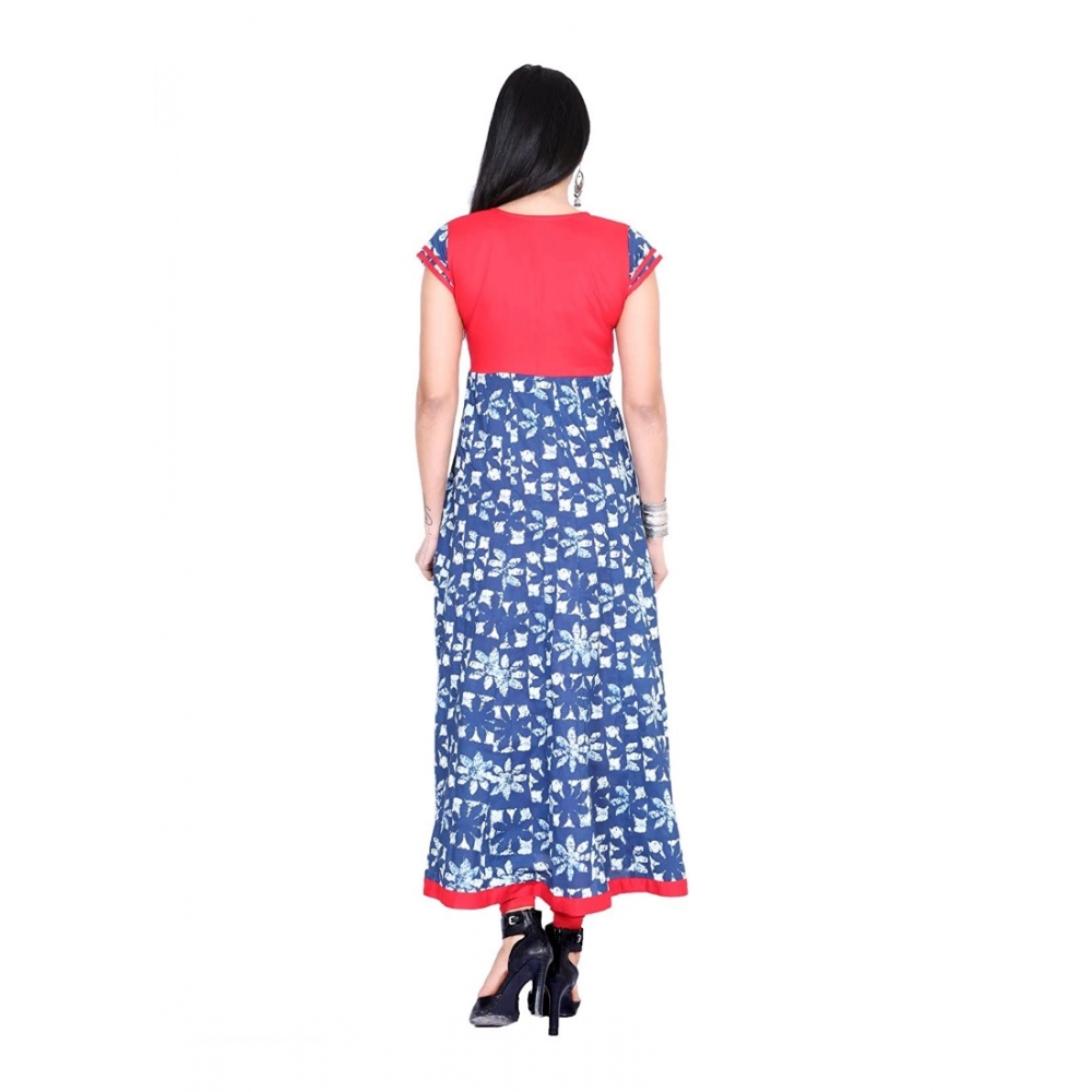 Women's Cotton Printed Long Kurti (Blue, Red, Cotton) - Image 3
