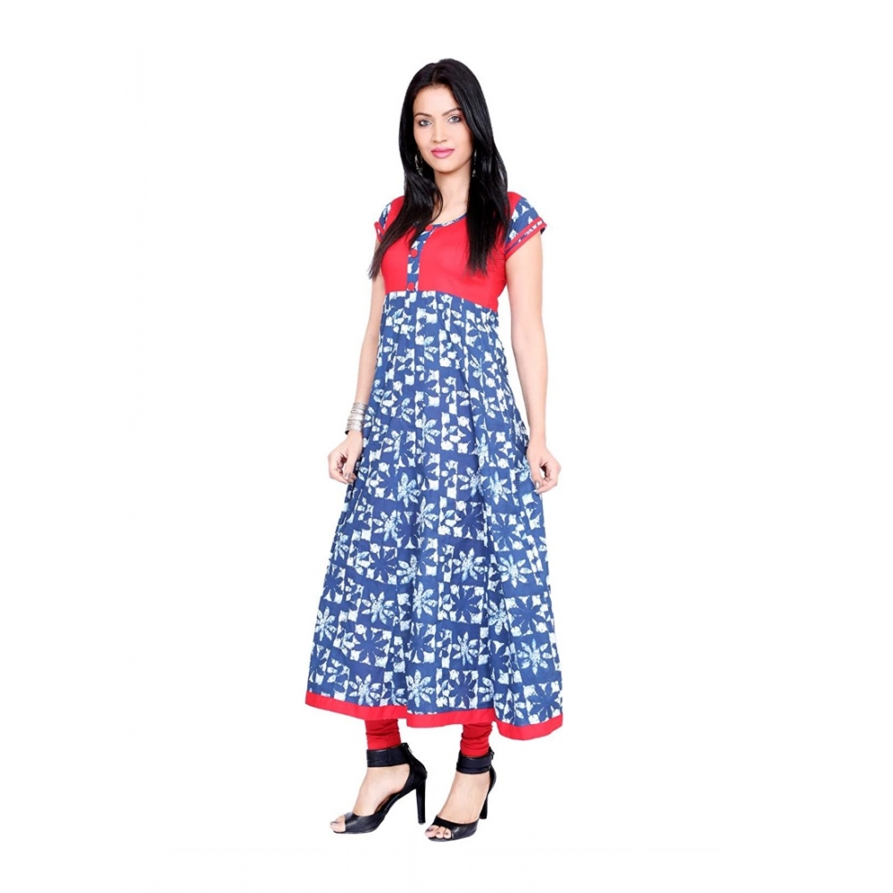 Women's Cotton Printed Long Kurti (Blue, Red, Cotton) - Image 4
